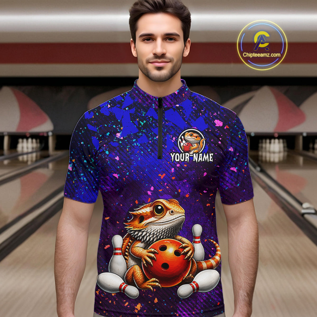 Men’s funny bearded dragon bowling quarter zip shirt, front view on male model in bowling lane 