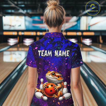 Women’s funny bearded dragon bowling quarter zip shirt, back view on female model in bowling lane 