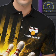 Load image into Gallery viewer, Black polo shirt with bowling design and 'Your Name' text, brand logo visible
