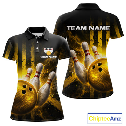 Bowling-themed polo shirt with 'Team Name' and 'Your Name' text on a black and yellow background, featuring bowling pins and a ball.