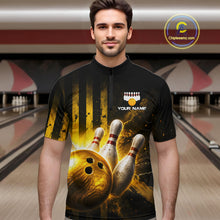 Load image into Gallery viewer, Man wearing a black bowling shirt with a graphic design in a bowling alley.