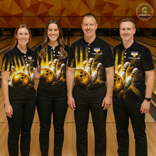 Load image into Gallery viewer, Four people wearing matching bowling-themed shirts in a bowling alley.