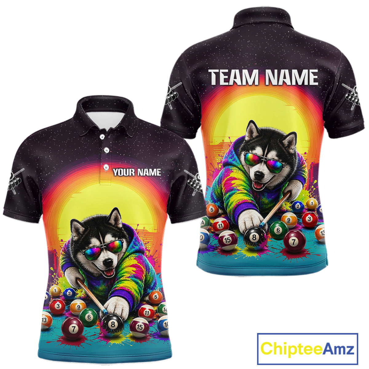 Colorful polo shirt with a dog playing pool design on a white background