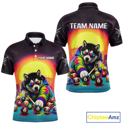 Colorful polo shirt with a dog playing pool design on a white background