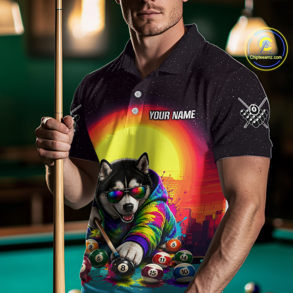 Person wearing a colorful polo shirt with a dog design and 'Your Name' text, holding a pool cue on a pool table.