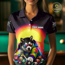Load image into Gallery viewer, Person wearing a colorful polo shirt with a dog playing pool design, blurred background