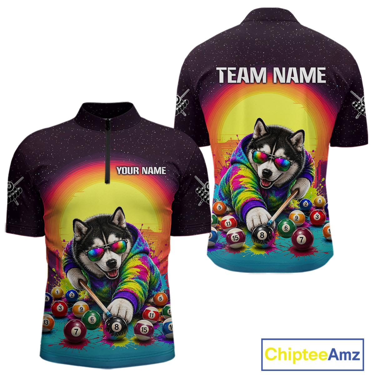 Black cycling jersey with a dog playing pool design, customizable text on sleeves, and visible brand 'Chiptee Amz'.