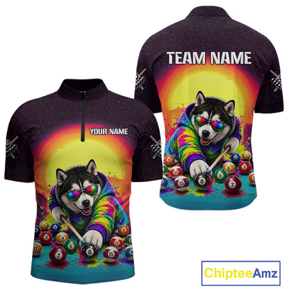 Black cycling jersey with a dog playing pool design, customizable text on sleeves, and visible brand 'Chiptee Amz'.