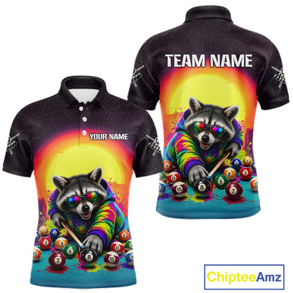 Colorful polo shirt with raccoon design and customizable text on a white background