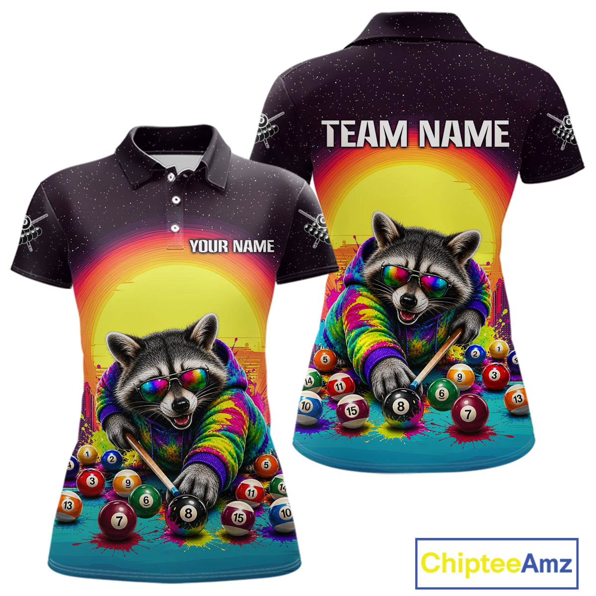Polo shirt with raccoon design and customizable text on a white background