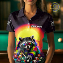 Load image into Gallery viewer, Person wearing a colorful polo shirt with a raccoon design and customizable text.