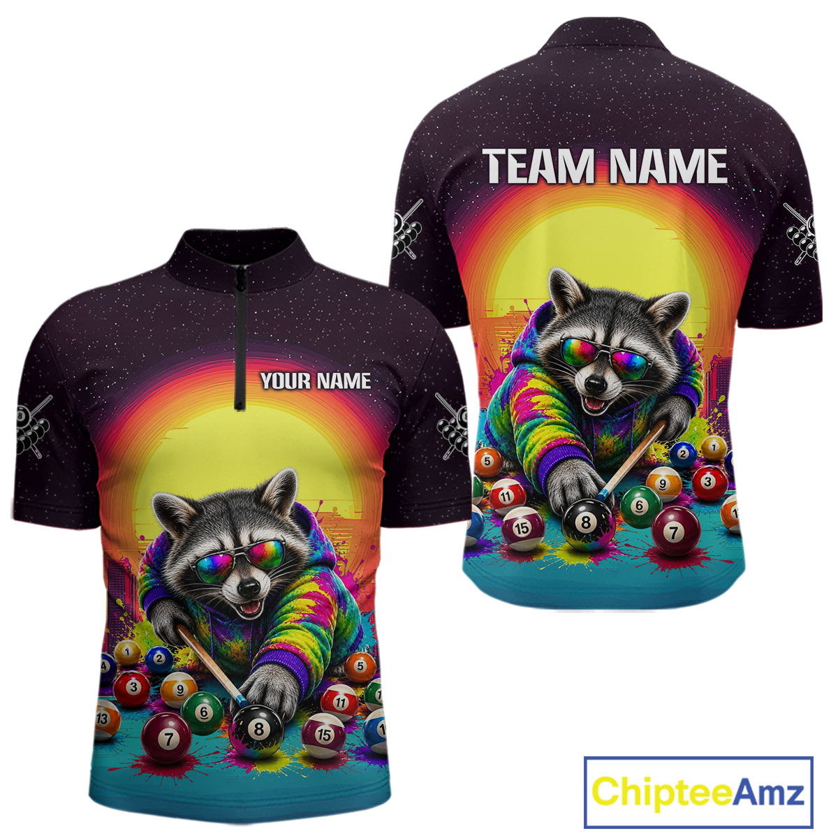 Colorful raccoon-themed cycling jersey with billiards design on a white background