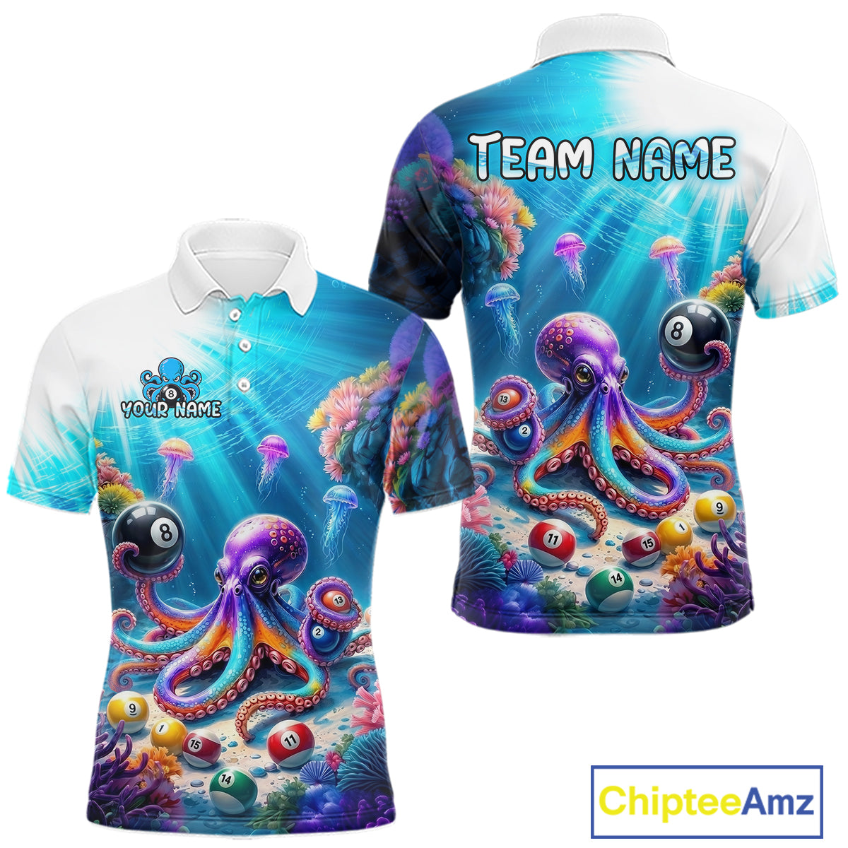 Colorful polo shirt with octopus design and billiard balls, featuring 'Chiptee Amz' branding.