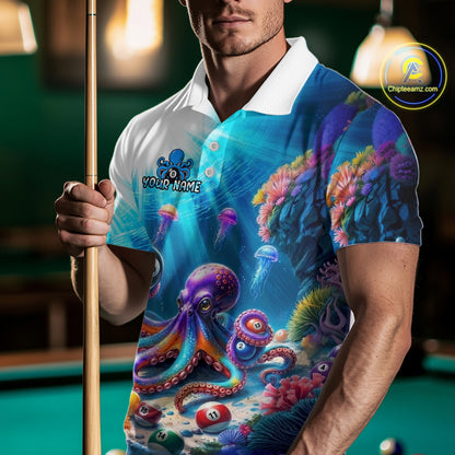 Man wearing a colorful shirt with an octopus design, holding a pool cue in a billiards setting.