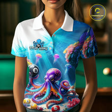 Load image into Gallery viewer, Person wearing a colorful polo shirt with an octopus and jellyfish design, standing in front of a pool table.
