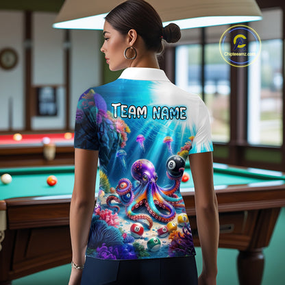 Person wearing a colorful shirt with an octopus design in a pool hall.