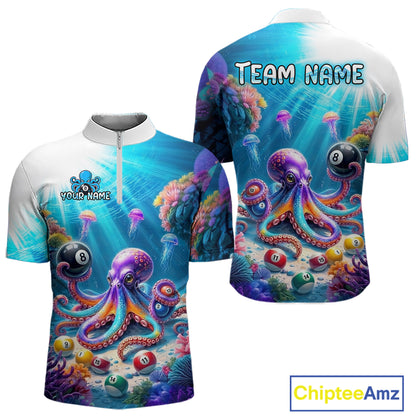 Colorful octopus-themed shirt with pool balls and underwater design, featuring 'Chiptee Amz' branding.