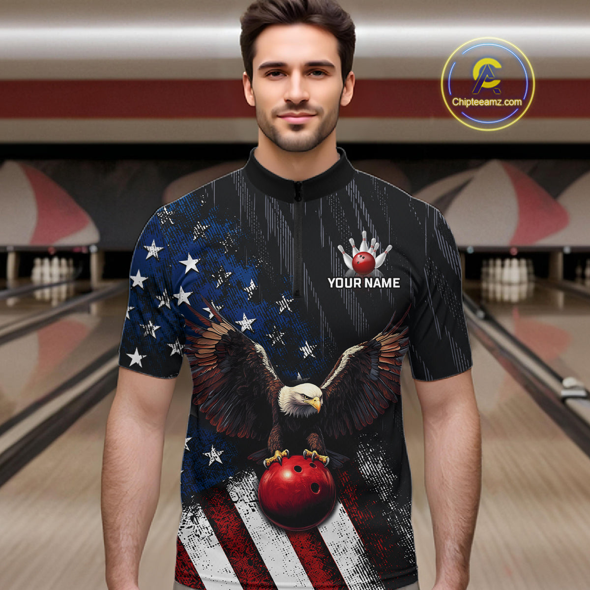 A man wearing a short-sleeve bowling shirt with a patriotic eagle and bald eagle graphic, featuring a distressed American flag design, stars, stripes, and a red bowling ball. The shirt has a mock neck and a placeholder chest print that reads 'YOUR NAME'.