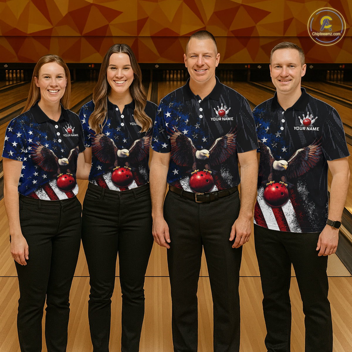 Four people standing in a bowling alley wearing matching custom bowling shirts with a patriotic eagle and bald eagle design, black pants, and a crown graphic on the chest. The shirts feature a dark blue background with white stars, red and white stripes, and a red bowling ball graphic.