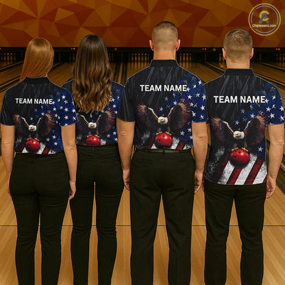 Four people standing from the back in a bowling alley, wearing matching dark navy short-sleeve bowling shirts with a patriotic eagle and red bowling ball graphic on the back, plus white 'TEAM NAME' text. A circular 'CustomShirt.