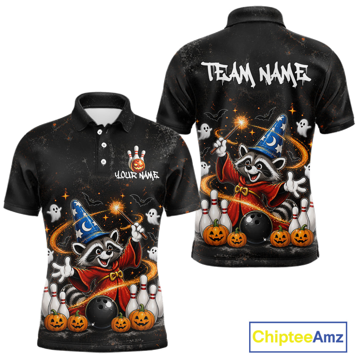 Black short-sleeve polo shirt shown from front and back with a Halloween-themed cartoon raccoon graphic, including a wizard hat, cape, pumpkins, ghosts, bowling pins, and customizable text areas reading 'YOUR NAME' and 'TEAM NAME'.