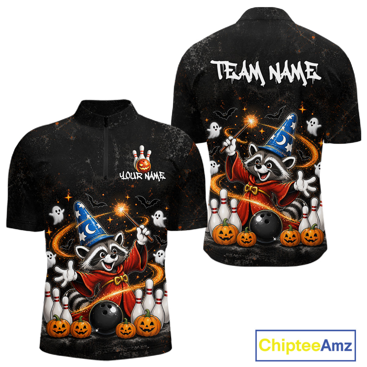 Front and back views of a black short-sleeve polo shirt with a Halloween-themed all-over print featuring a raccoon in a wizard hat, pumpkins, ghosts, bowling pins, and customizable text areas on the chest and neck.