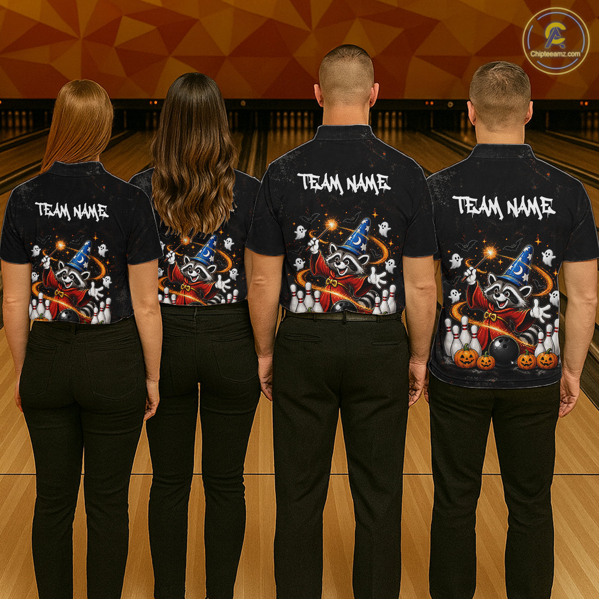 Four people standing from the back in a bowling alley, wearing matching black short-sleeve shirts with a colorful cartoon raccoon in a wizard hat graphic and 'TEAM NAME' printed across the upper back.