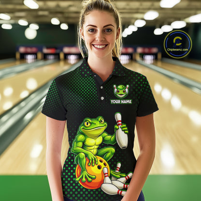Custom Funny Frog Bowling Jersey for Women Bowling Team Shirts Bowling League Polo & 1/4 Zip HNT246