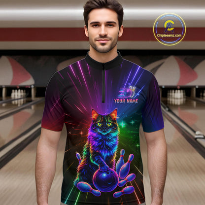 Custom Funny Cat Neon Colorful Bowling Jersey for Men Bowling Uniform Bowling Team Shirts HNT281