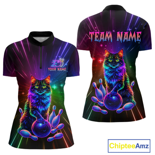 Custom Funny Cat Neon Colorful Bowling Jersey for Women Bowling Uniform Bowling Team Shirts HNT281