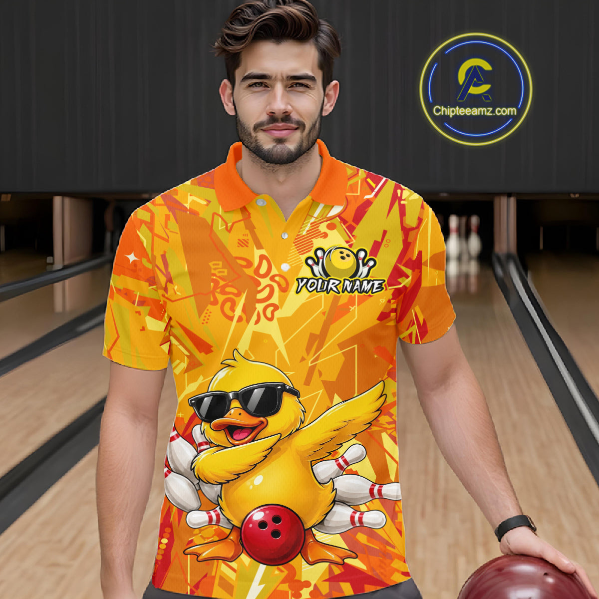 Man wearing a vibrant polo shirt with a duck graphic in a bowling alley.
