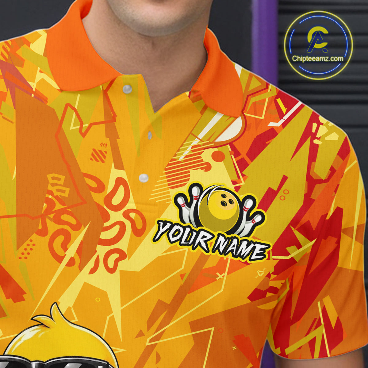 Colorful bowling-themed shirt with a logo and text on a blurred background
