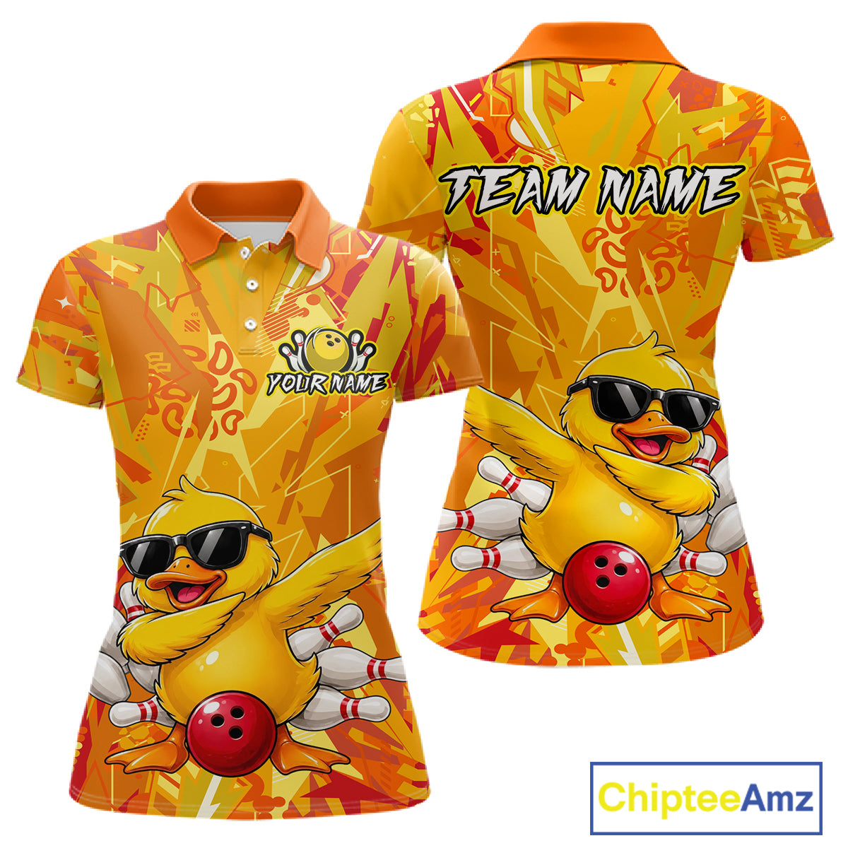 Colorful polo shirt with a duck design and customizable text on a white background