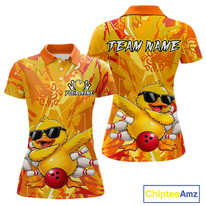 Colorful polo shirt with a duck design and customizable text on a white background