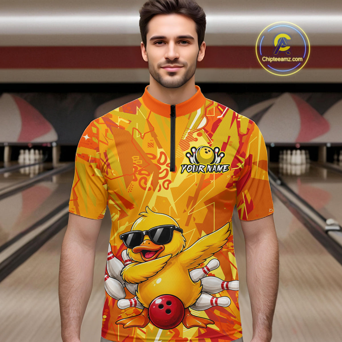 Man wearing a colorful bowling jersey with a duck design in a bowling alley.