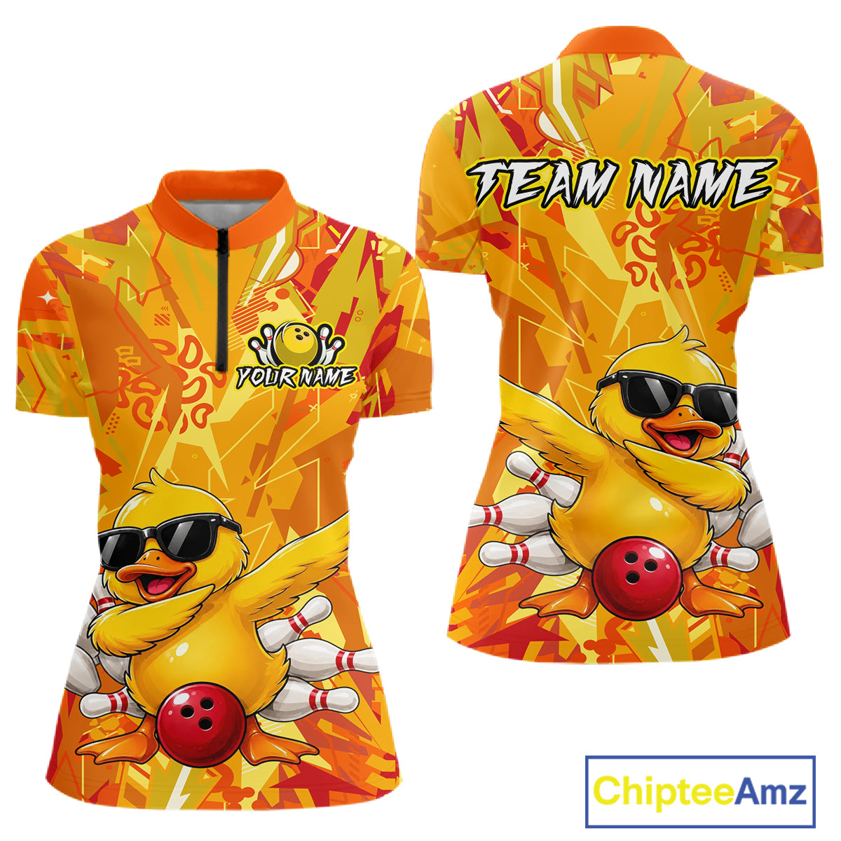Colorful shirt with a cartoon duck design and customizable text on a white background
