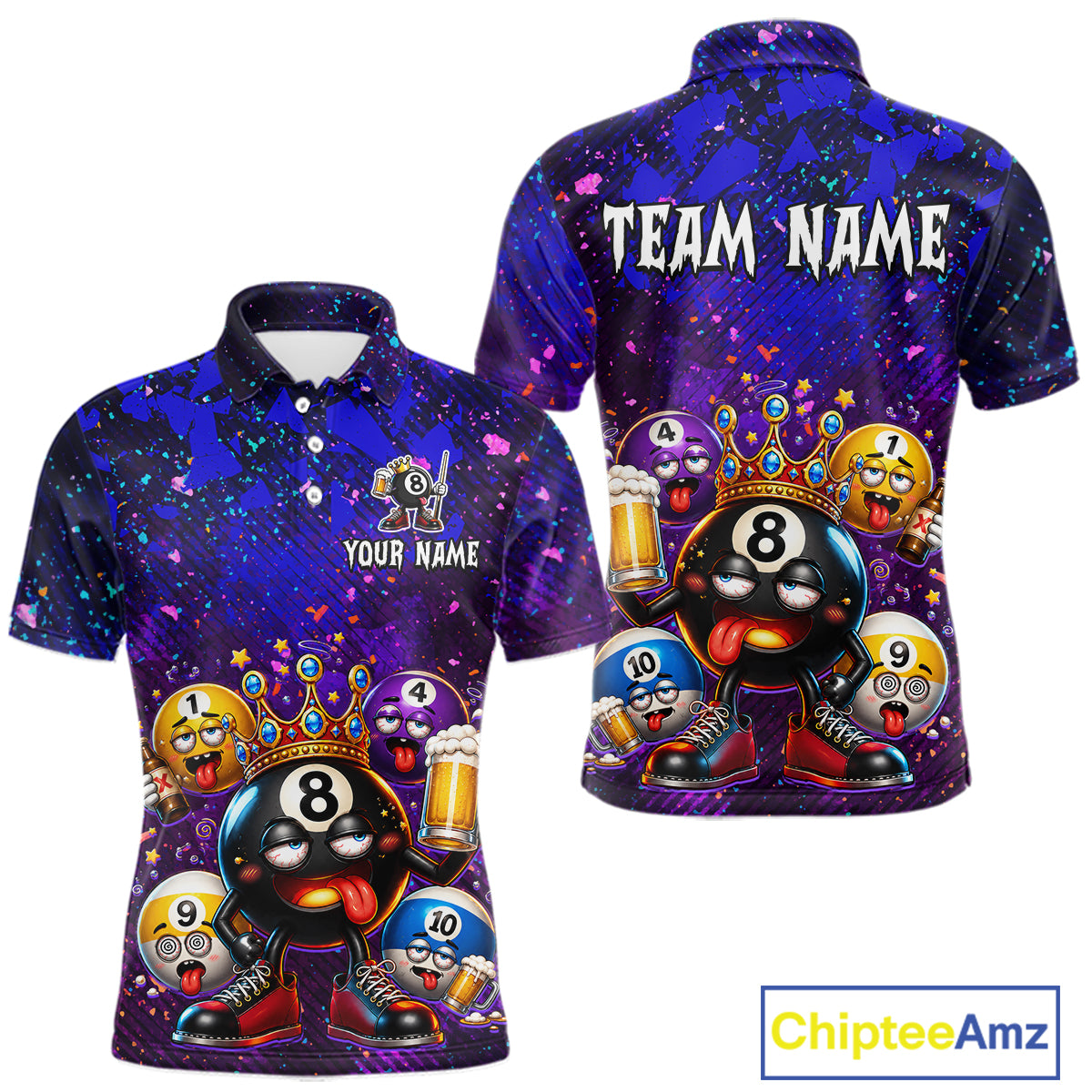 Front and back views of a short-sleeve polo shirt featuring a colorful cartoon 8-ball pool graphic with smiling numbered balls, beer mugs, and a purple galaxy background. The front shows placeholder text 'YOUR NAME' and the back shows 'TEAM NAME'.