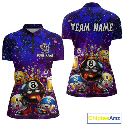Front and back views of a short-sleeve polo shirt on a white background. The shirt features a dark purple and blue galaxy print with a cartoon 8-ball pool ball character wearing a crown, beer mugs, and numbered billiard balls.