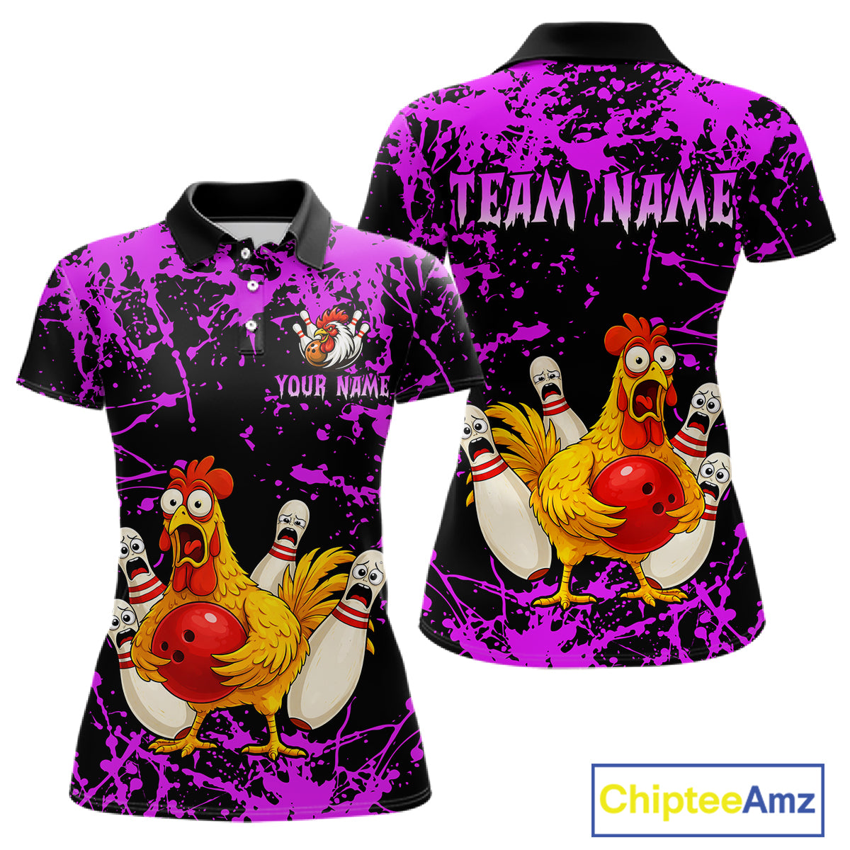 Custom Purple Funny Chicken Bowling Jersey for Women Bowling Uniform Bowling Team Shirts HNT282