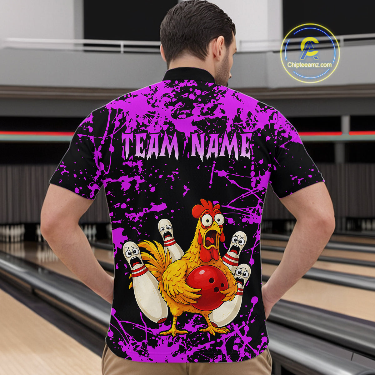 Custom Purple Funny Chicken Bowling Jersey for Men Bowling Uniform Bowling Team Shirts HNT282