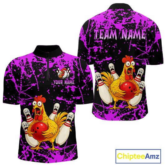 Custom Purple Funny Chicken Bowling Jersey for Men Bowling Uniform Bowling Team Shirts HNT282