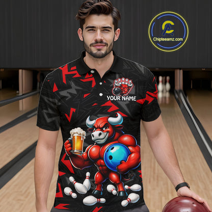 Men’s red beer bull bowling polo shirt, front view on male model in bowling lane 