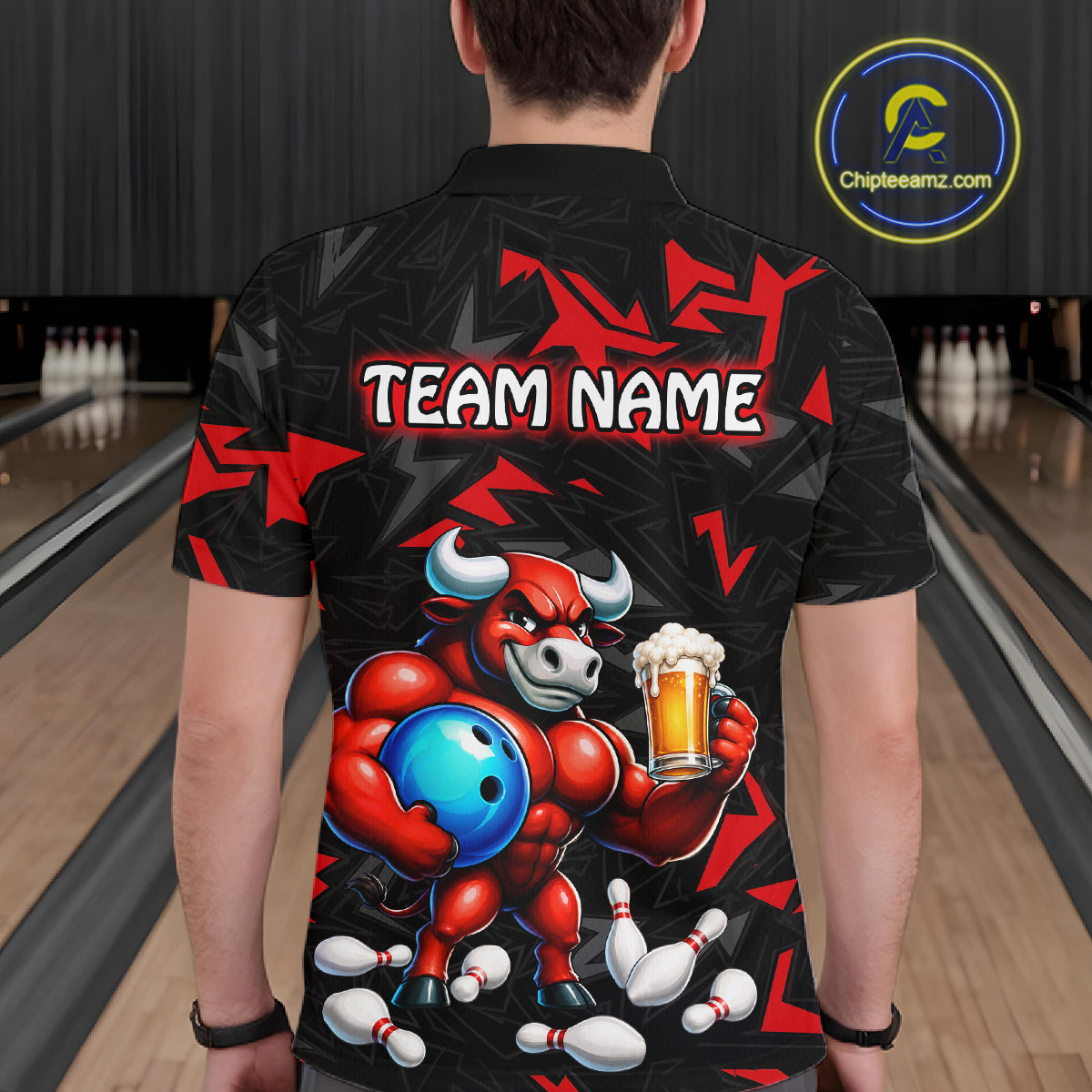 Men’s red beer bull bowling polo shirt, back view on male model in bowling lane 