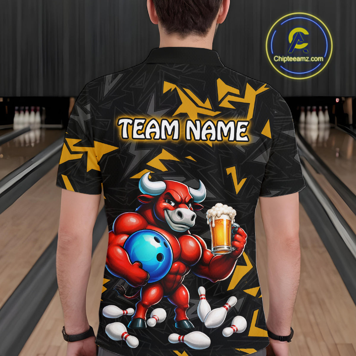 Men’s yellow beer bull bowling polo shirt, back view on male model in bowling lane 