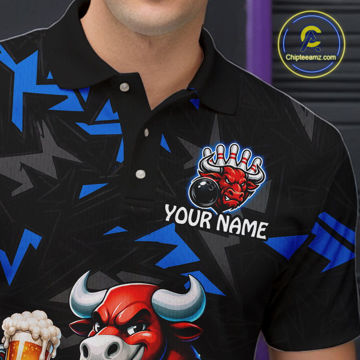 Men’s blue beer bull bowling polo shirt with custom name, angled front view showing custom team design 
