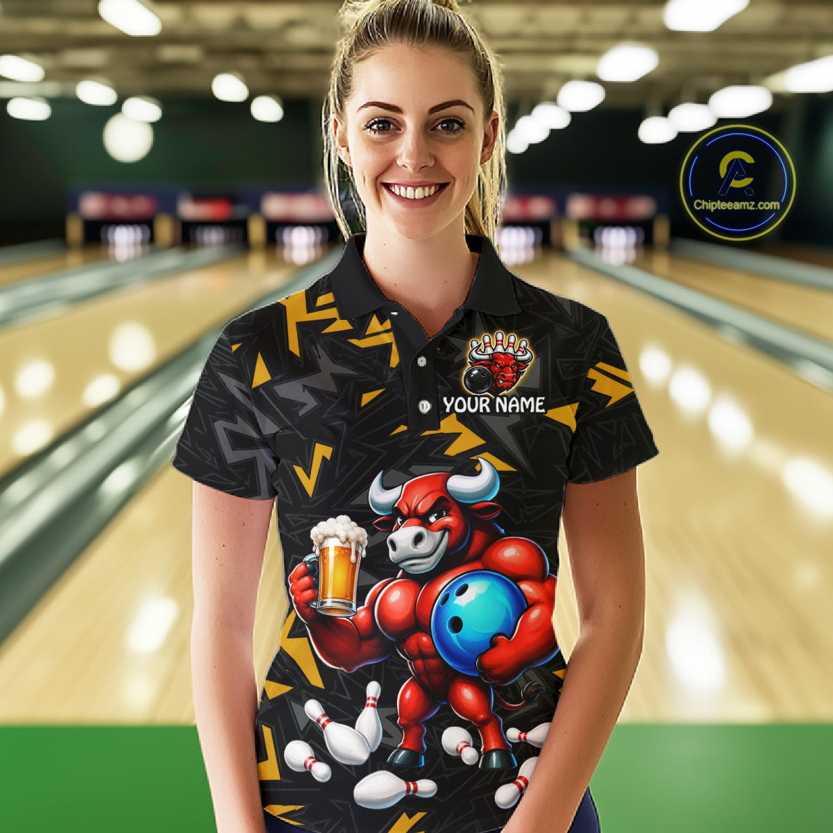 Women’s yellow beer bull bowling polo shirt, front view on female model in bowling lane 
