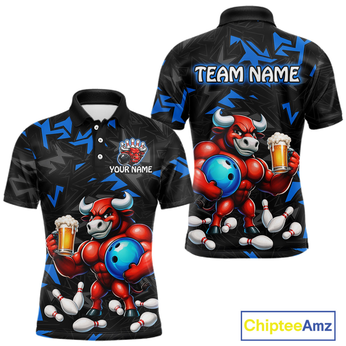 Custom blue beer bull bowling jersey for men, personalized team bowling polo shirt front view and back view