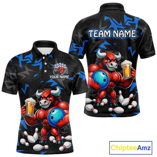 Custom blue beer bull bowling jersey for men, personalized team bowling polo shirt front view and back view