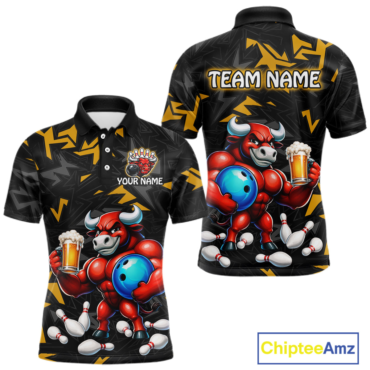 Custom yellow beer bull bowling jersey for men, personalized team bowling polo shirt front view and back view