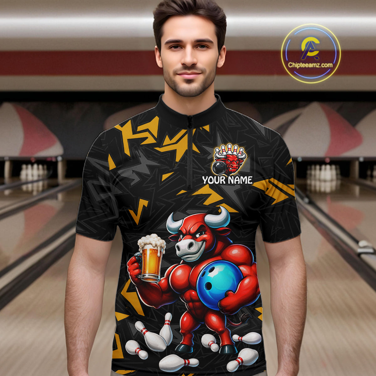 Men’s yellow beer bull bowling quarter zip shirt, front view on male model in bowling lane 